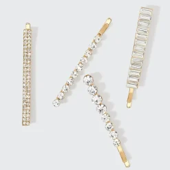 Metal Rhinestone Assorted Bobby Pins 4pc Set Gold