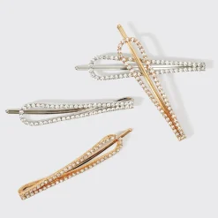 Metal Rhinestone Drop Bobby Pins 4pc Set Gold/Silver