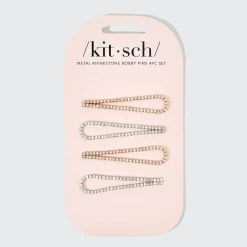 Metal Rhinestone Drop Bobby Pins 4pc Set Gold/Silver