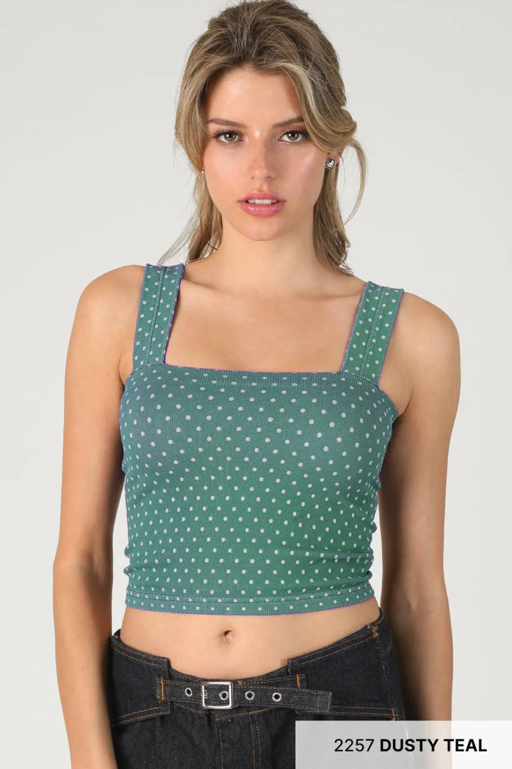 Polka Dot Square Crop Top Dusty Teal